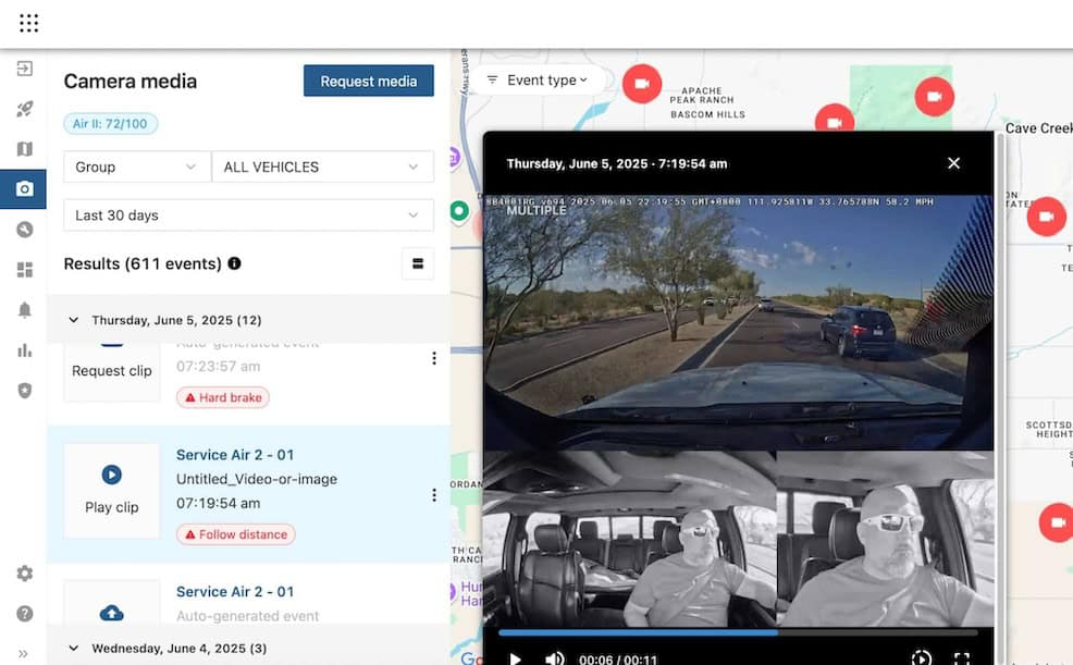 Fleet telematics platform showing driver behavior data and GPS tracking analytics