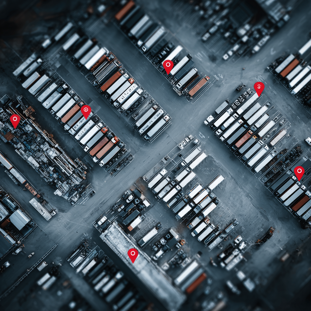 Aerial drone shot of a fleet yard with trailers tracked by GPS